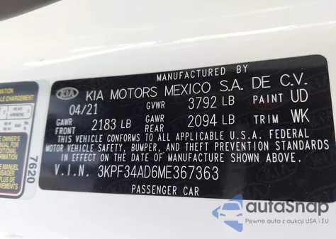 2021 Kia Forte Gt-Line z USA, uszkodzony, nr VIN 3KPF34AD6ME367363